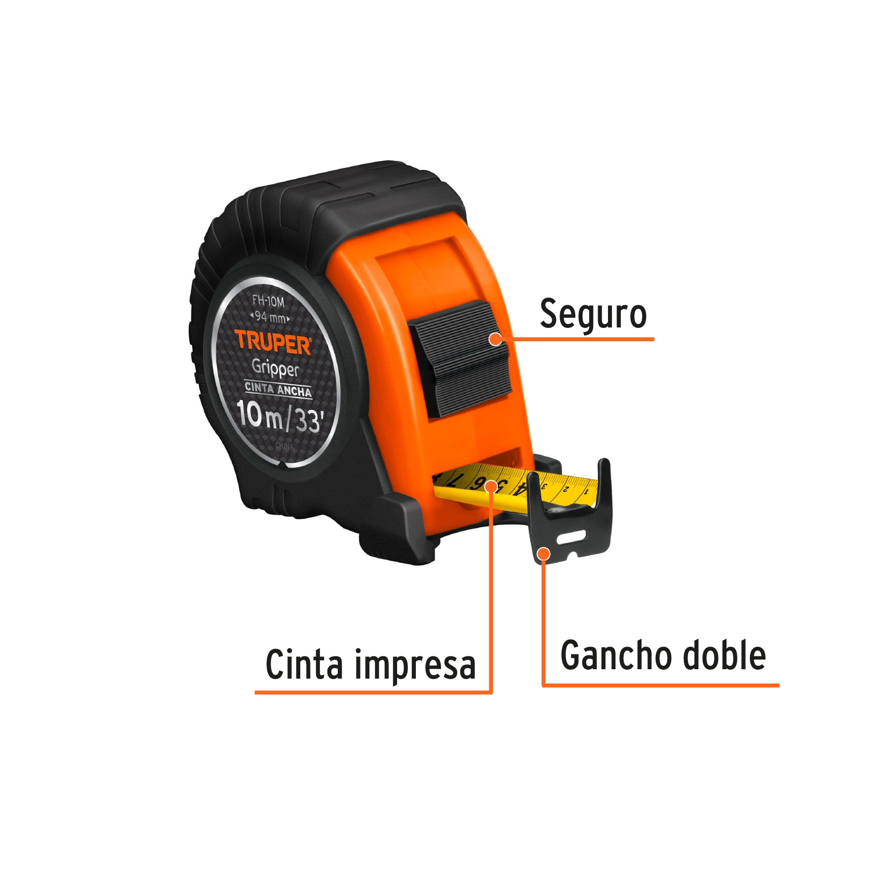 Flexómetro Gripper, contra impacto, 10 m, cinta 32 mm
