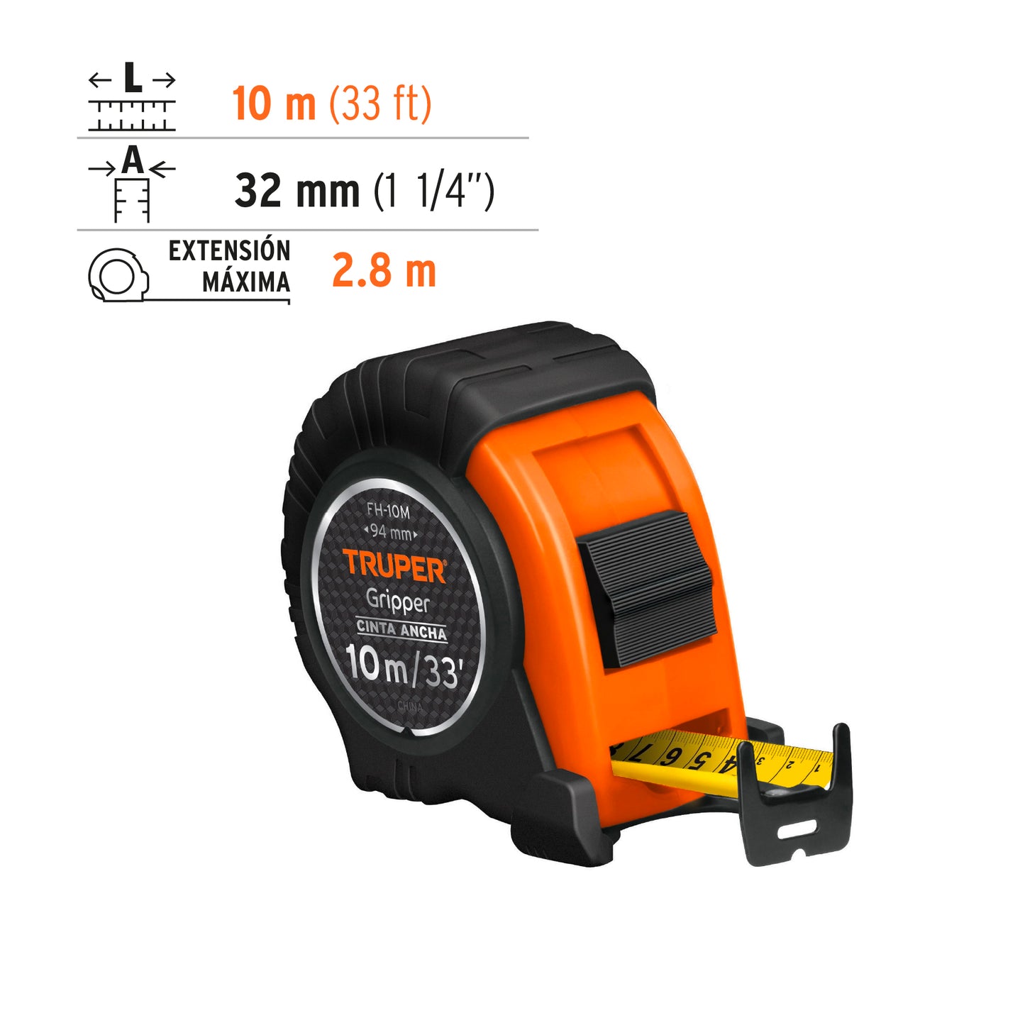 Flexómetro Gripper, contra impacto, 10 m, cinta 32 mm