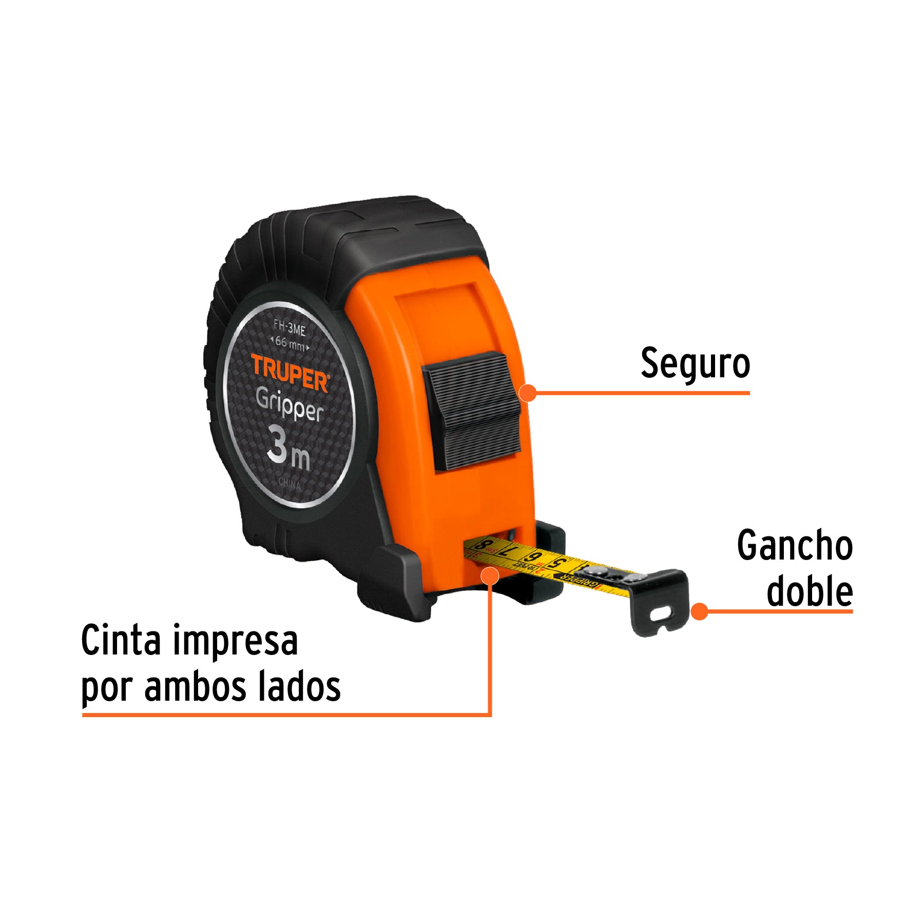 Flexómetro contra impacto, graduación métrica, 3 m, 13 mm