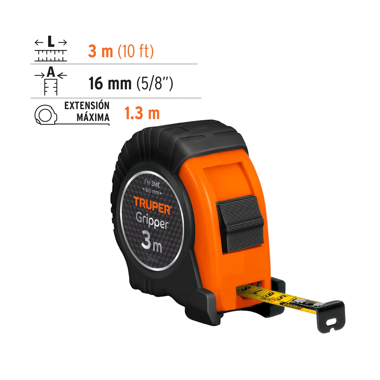 Flexómetro contra impacto, graduación métrica, 3 m, 13 mm