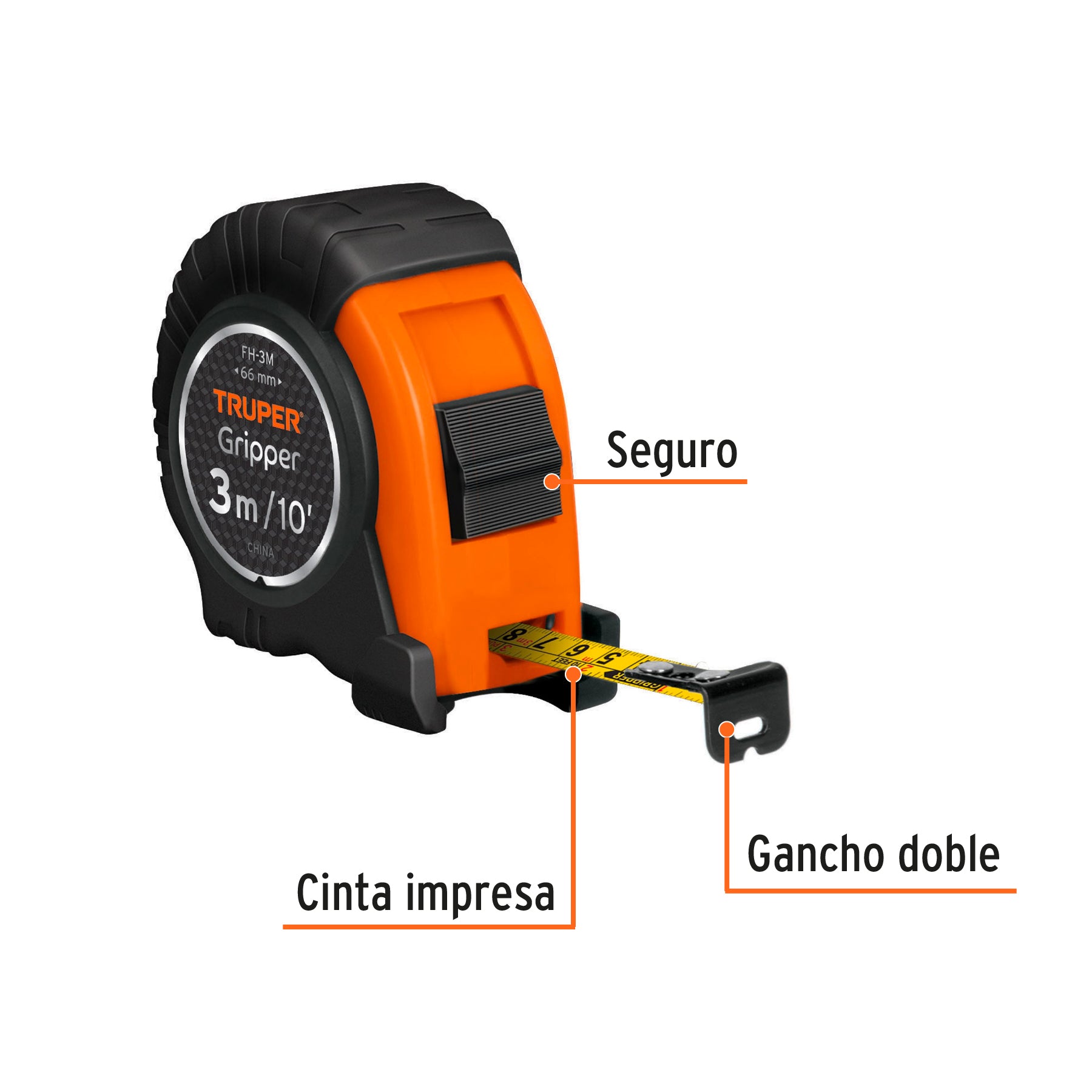 Flexómetro Gripper, contra impacto, 3 m, cinta 13 mm