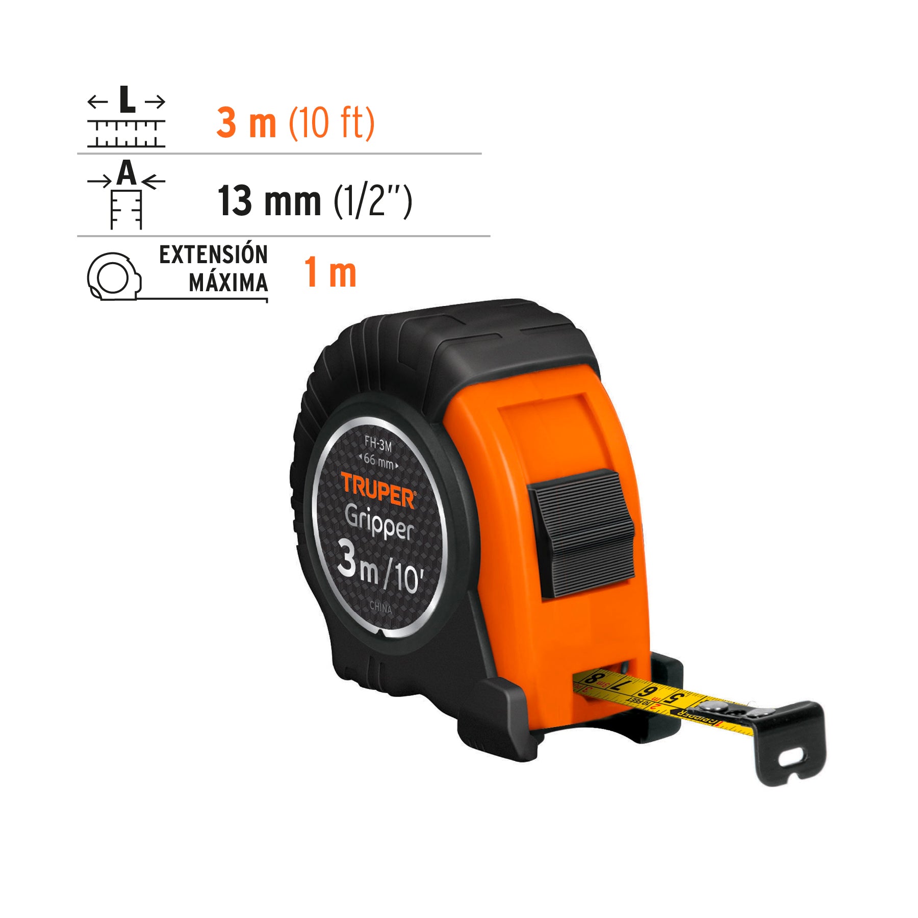 Flexómetro Gripper, contra impacto, 3 m, cinta 13 mm