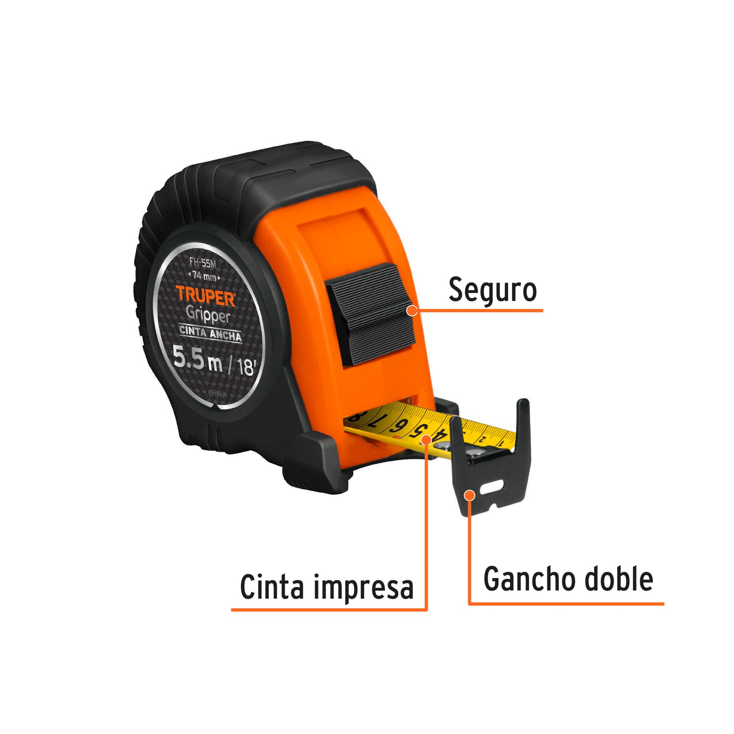 Flexómetro Gripper, contra impacto, 5.5 m, cinta 25 mm