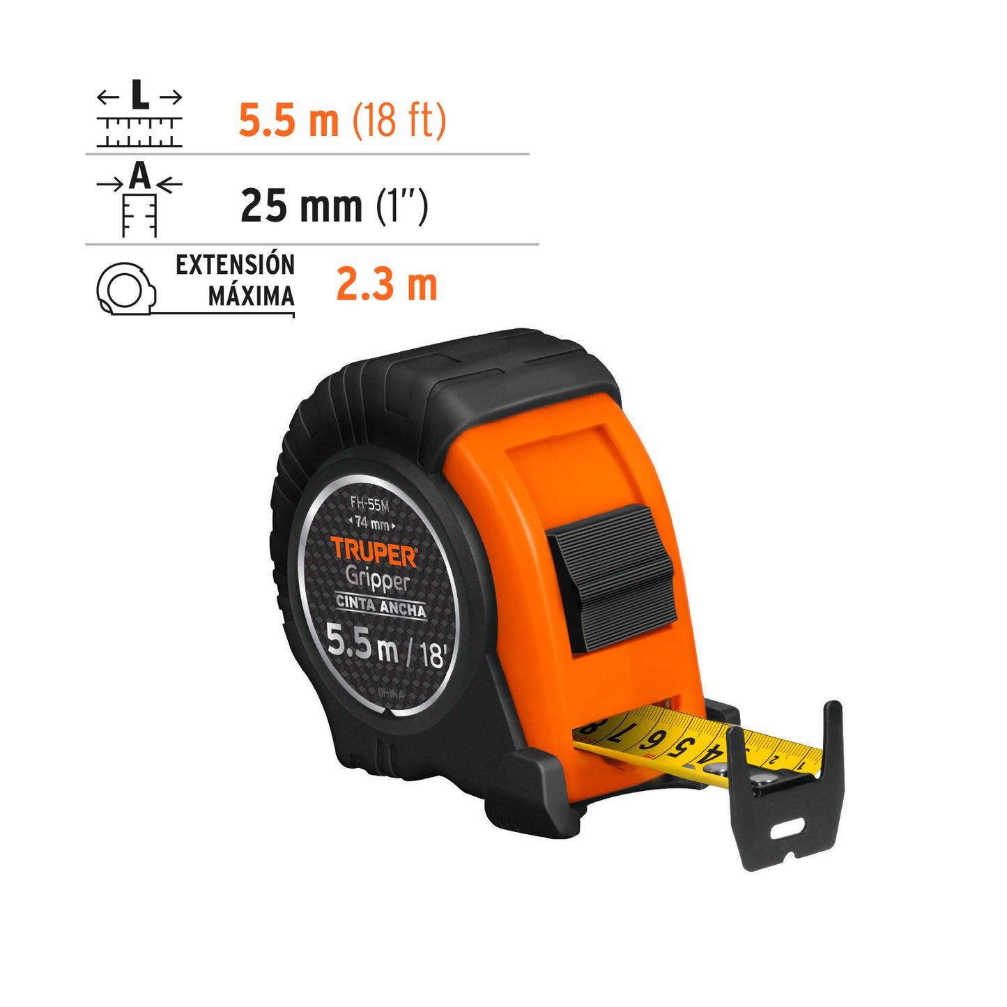 Flexómetro Gripper, contra impacto, 5.5 m, cinta 25 mm