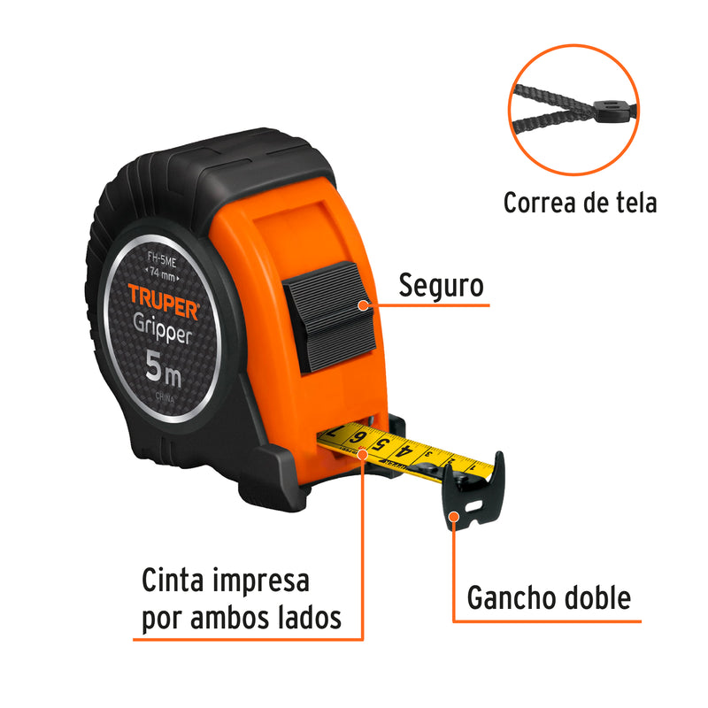 Flexómetro contra impacto, graduación métrica, 5 m, 19 mm