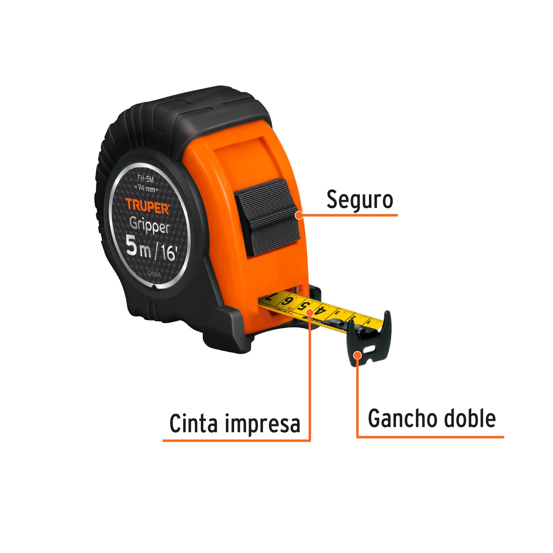 Flexómetro Gripper, contra impacto, 5 m, cinta 19 mm
