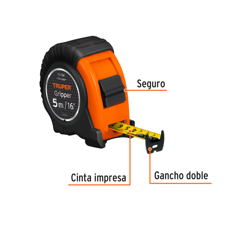 Flexómetro Gripper, contra impacto, 5 m, cinta 19 mm