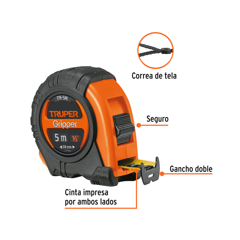 Flexómetro Gripper, contra impacto, 5 m, cinta 19 mm