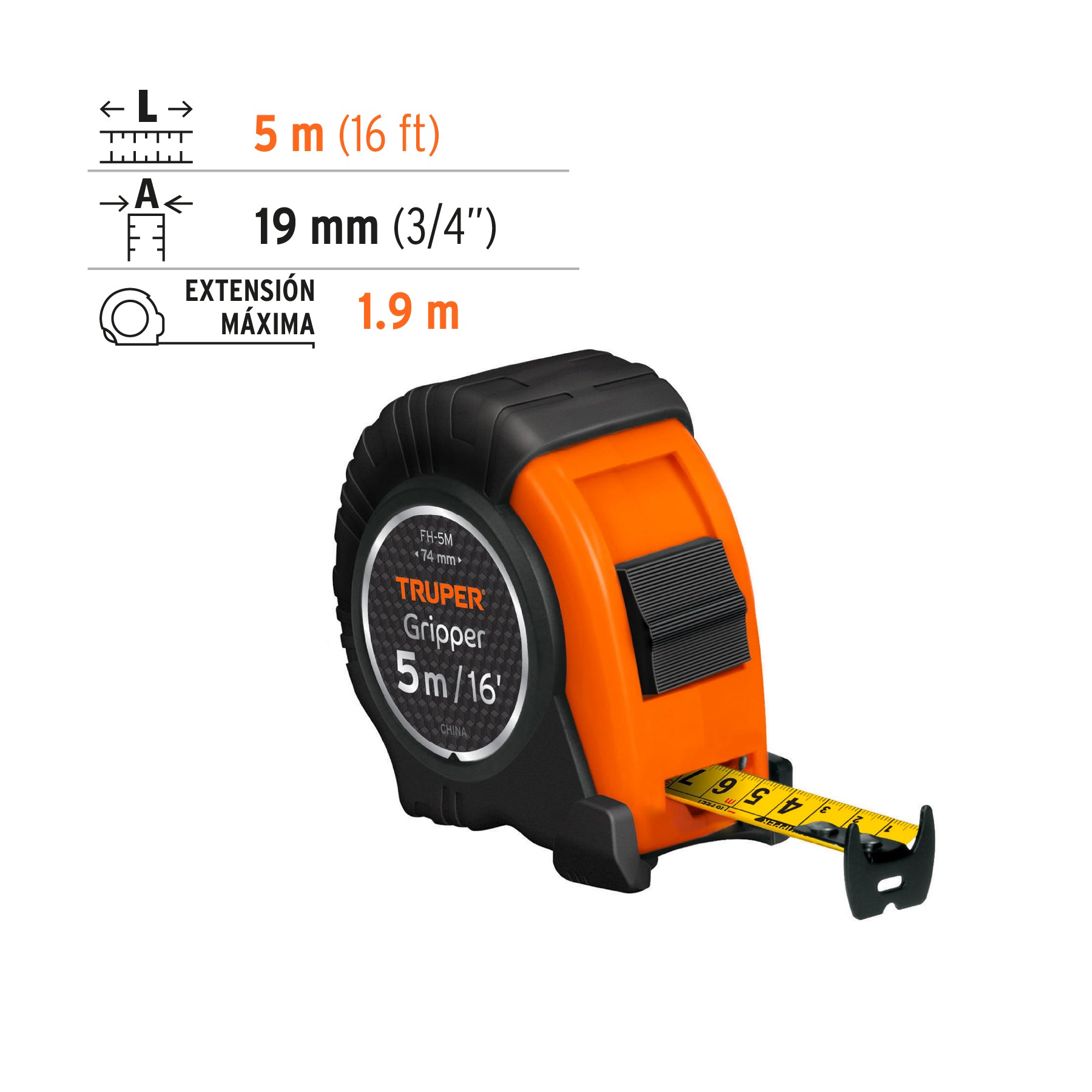Flexómetro Gripper, contra impacto, 5 m, cinta 19 mm