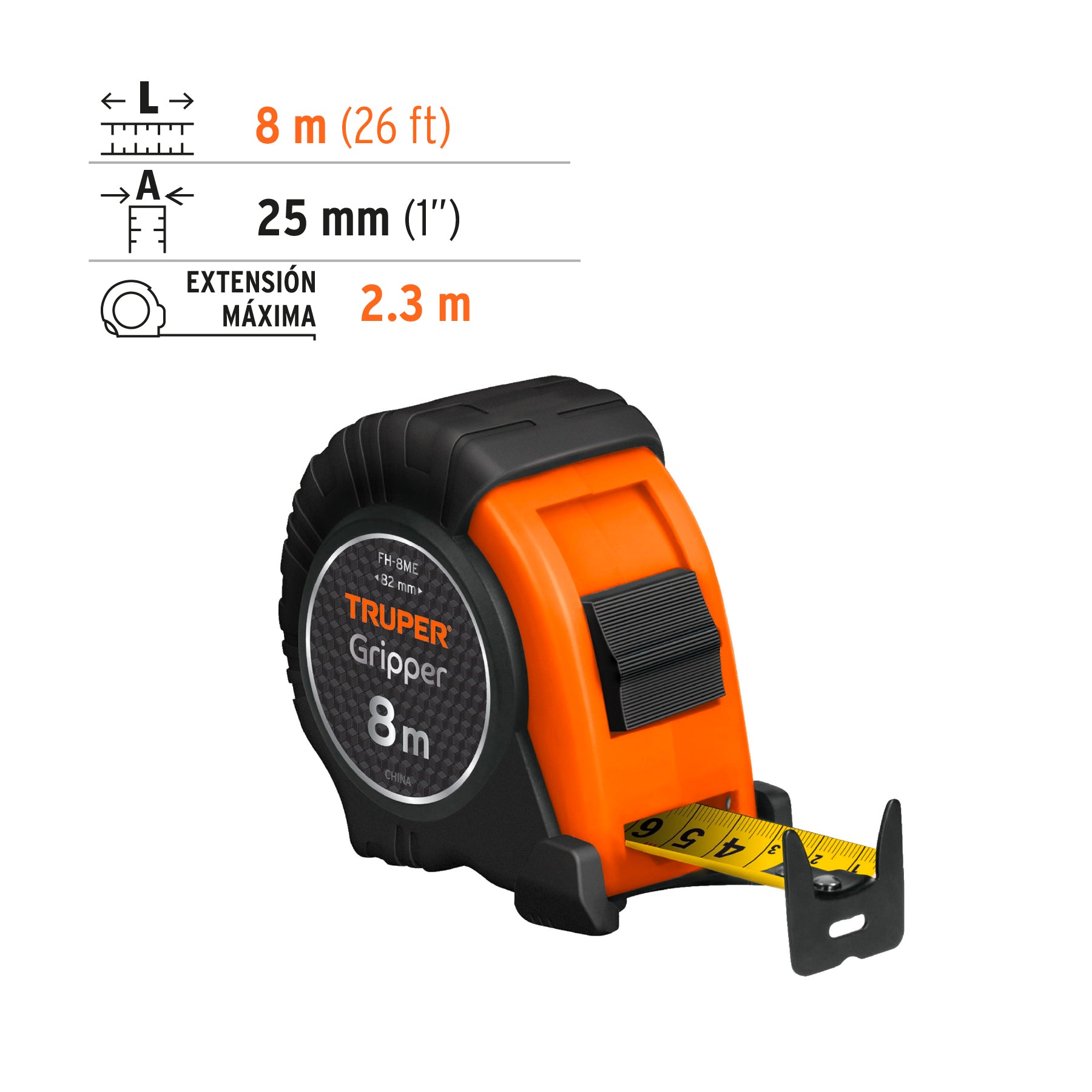 Flexómetro contra impacto, graduación métrica, 8 m, 25 mm