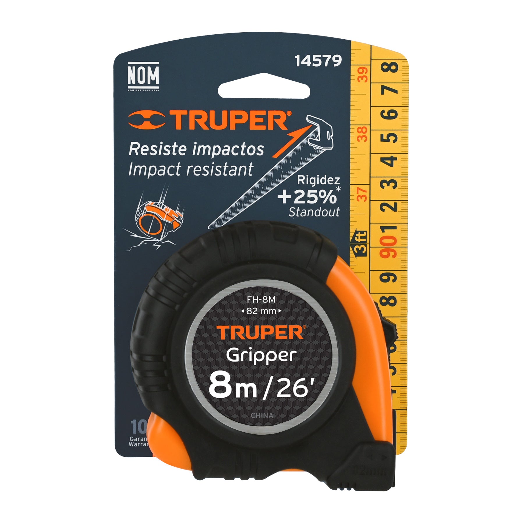 Flexómetro Gripper, contra impacto, 8 m, cinta 25 mm