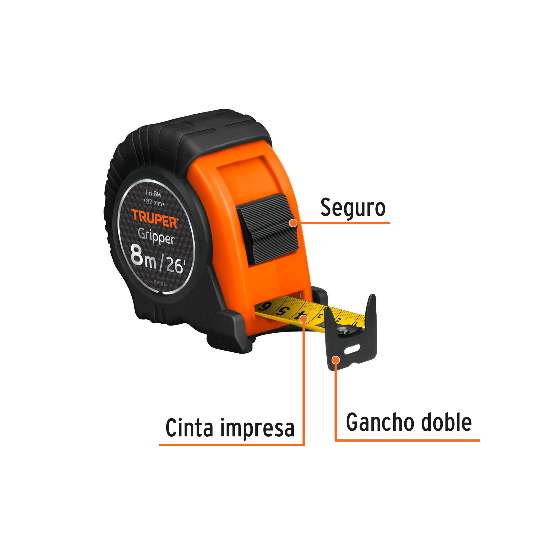 Flexómetro Gripper, contra impacto, 8 m, cinta 25 mm