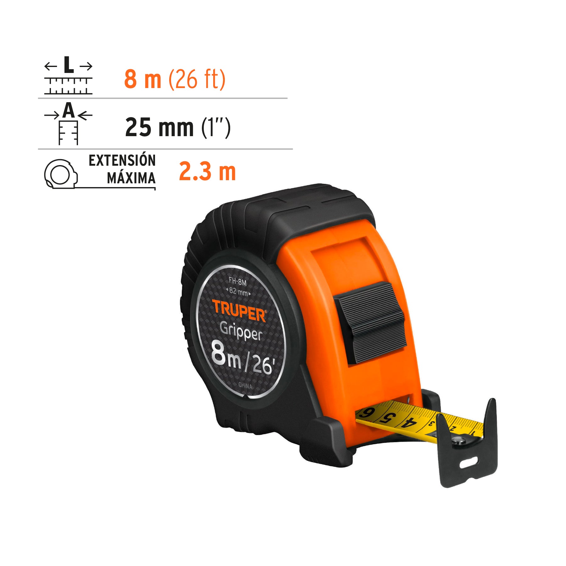 Flexómetro Gripper, contra impacto, 8 m, cinta 25 mm