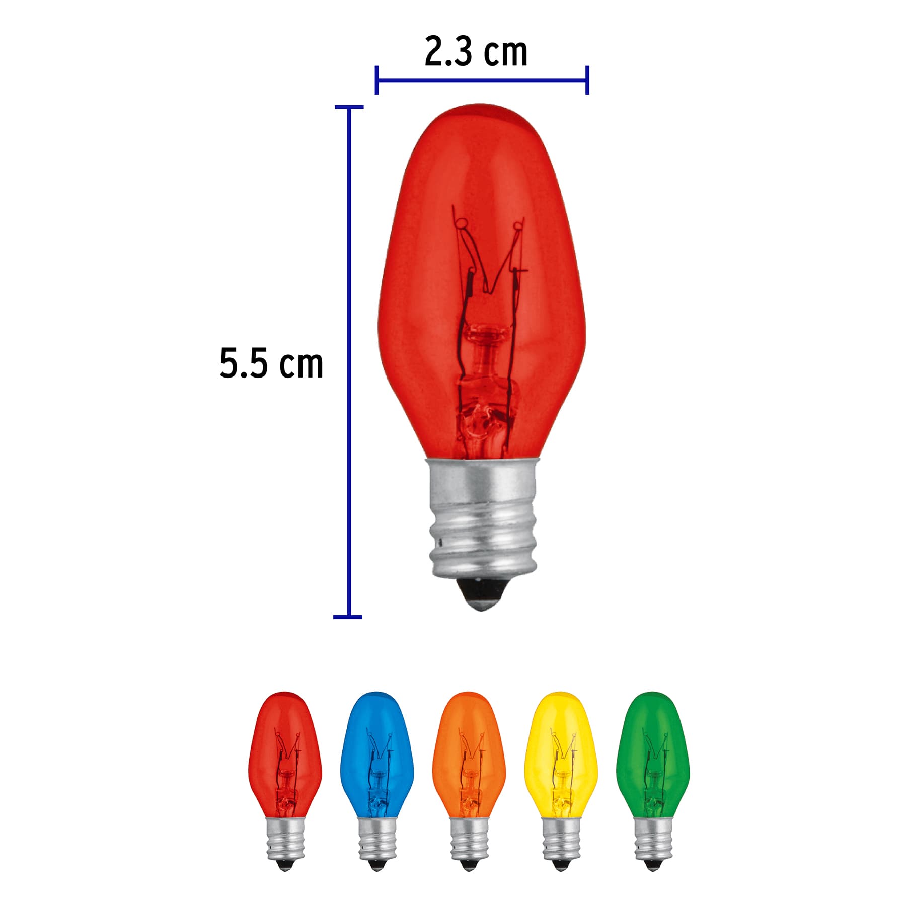 Focos incandescentes de colores, base E12, 7.5 watts, 50pzas