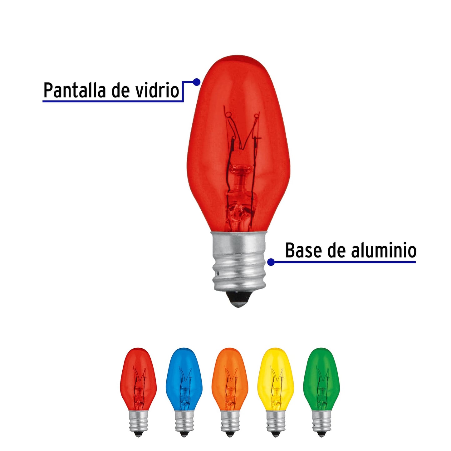 Focos incandescentes de colores, base E12, 7.5 watts, 50pzas