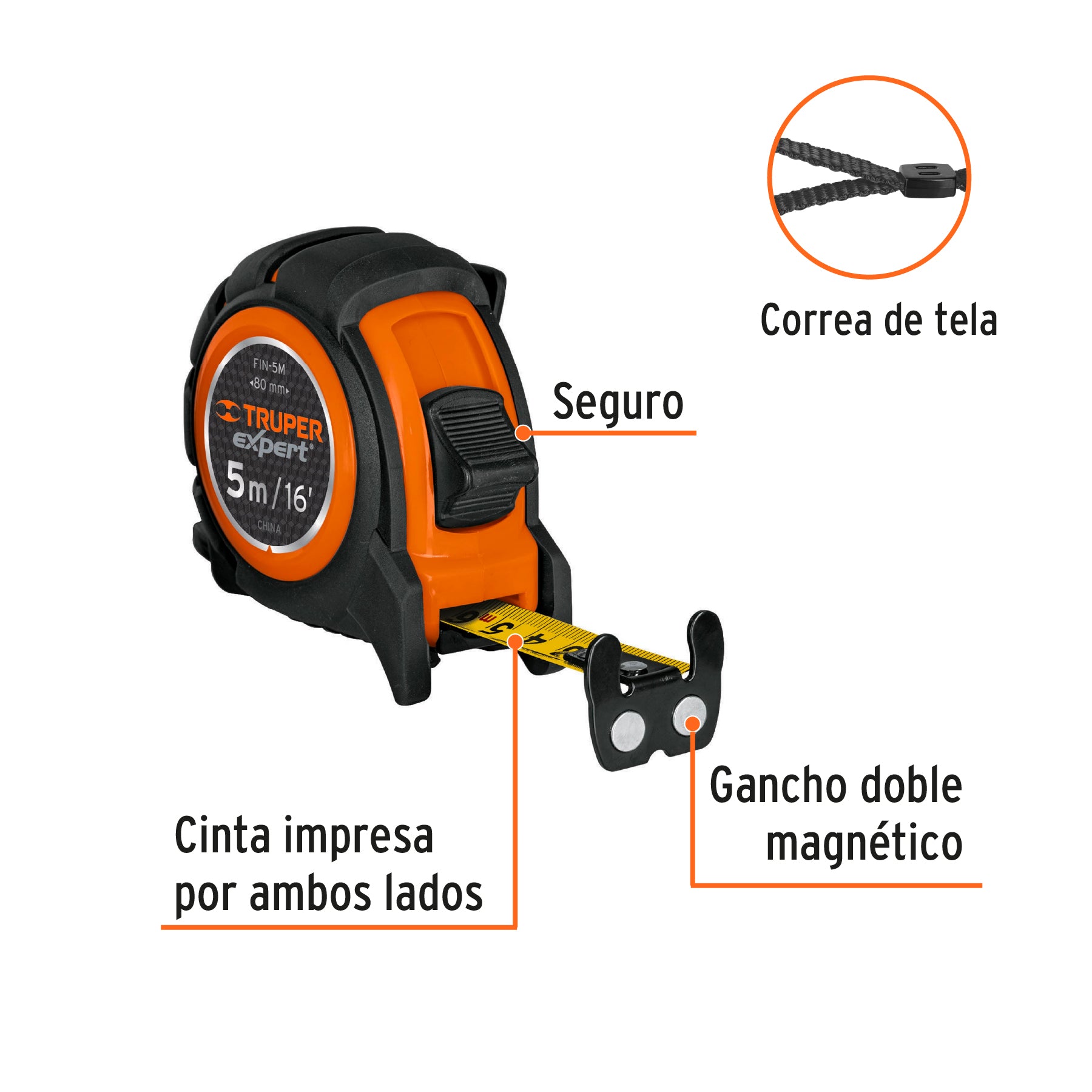 Flexómetro industrial, 5 m, cinta 19 mm