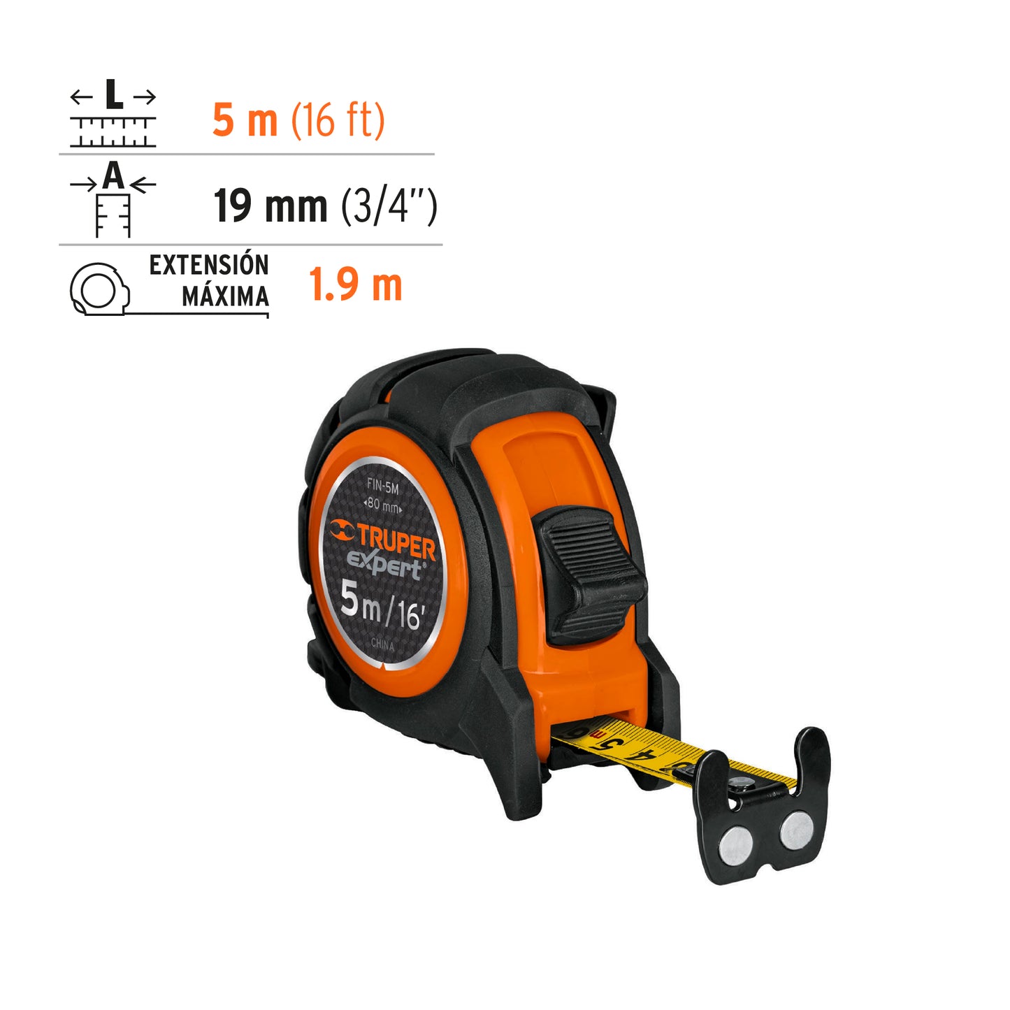 Flexómetro industrial, 5 m, cinta 19 mm