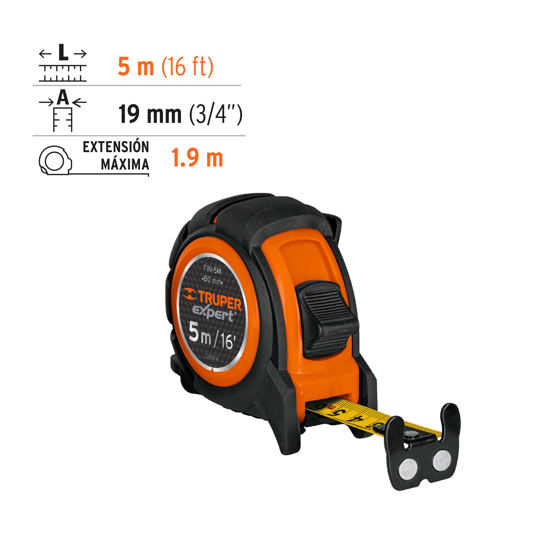 Flexómetro industrial, 5 m, cinta 19 mm