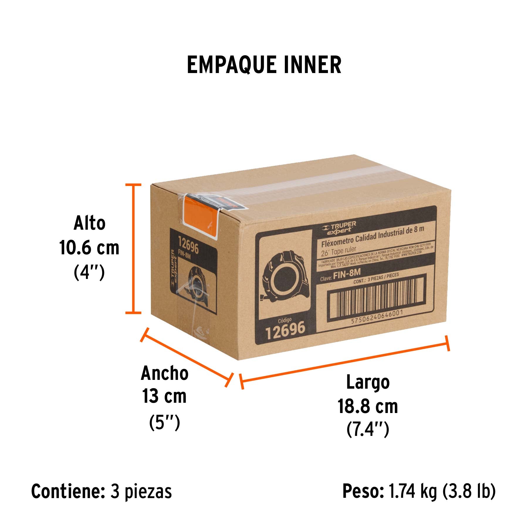 Flexómetro industrial, 8 m, cinta 25 mm