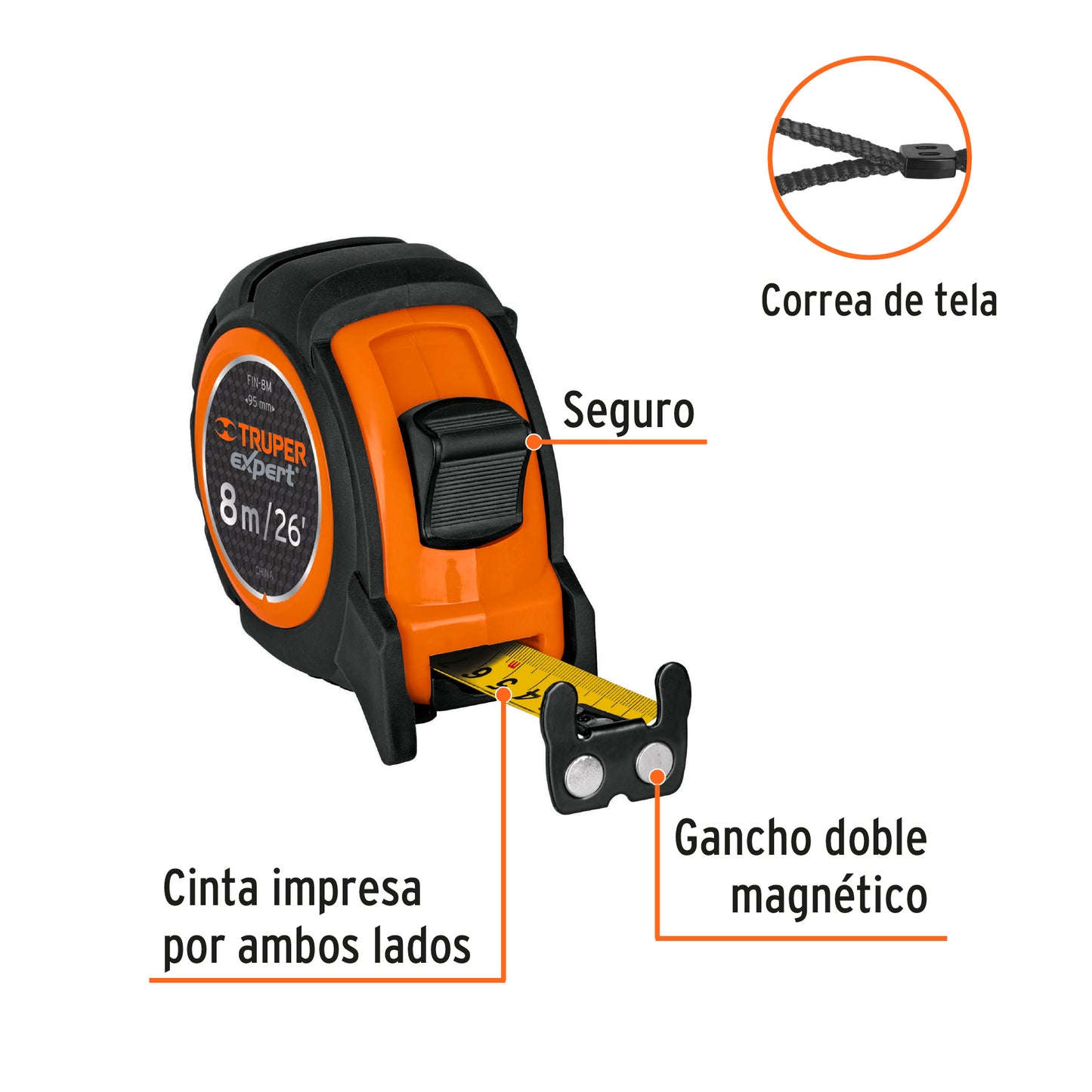 Flexómetro industrial, 8 m, cinta 25 mm