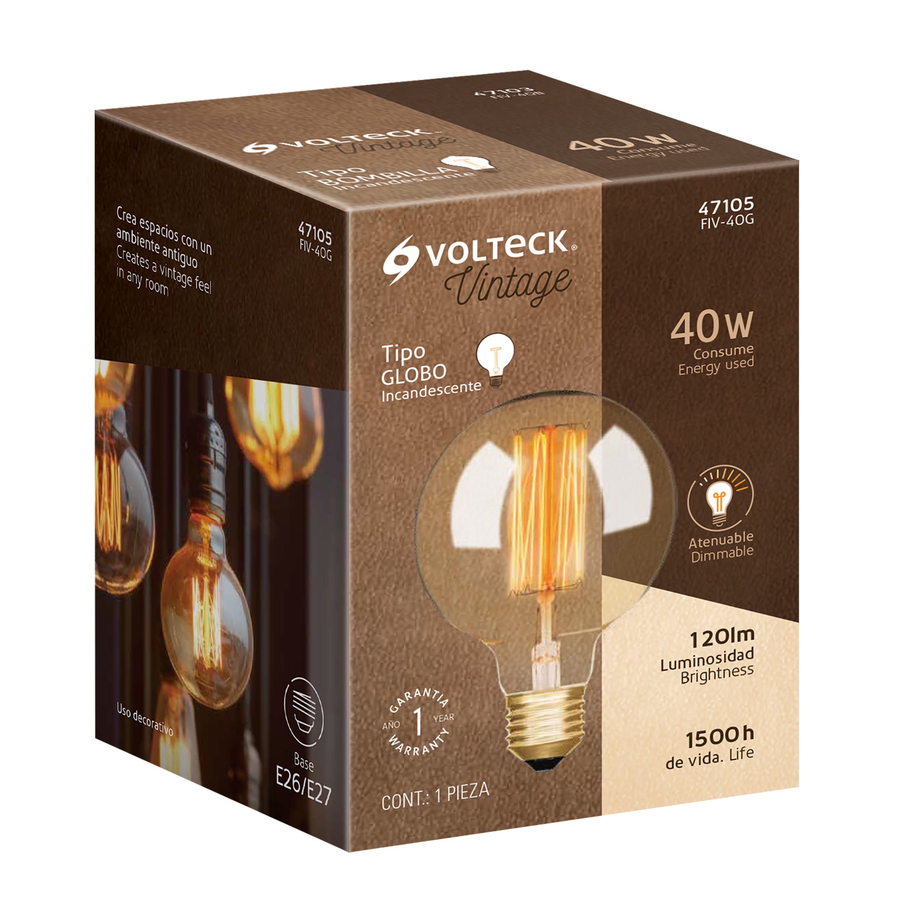 Lámpara incandescente vintage, 40W, globo