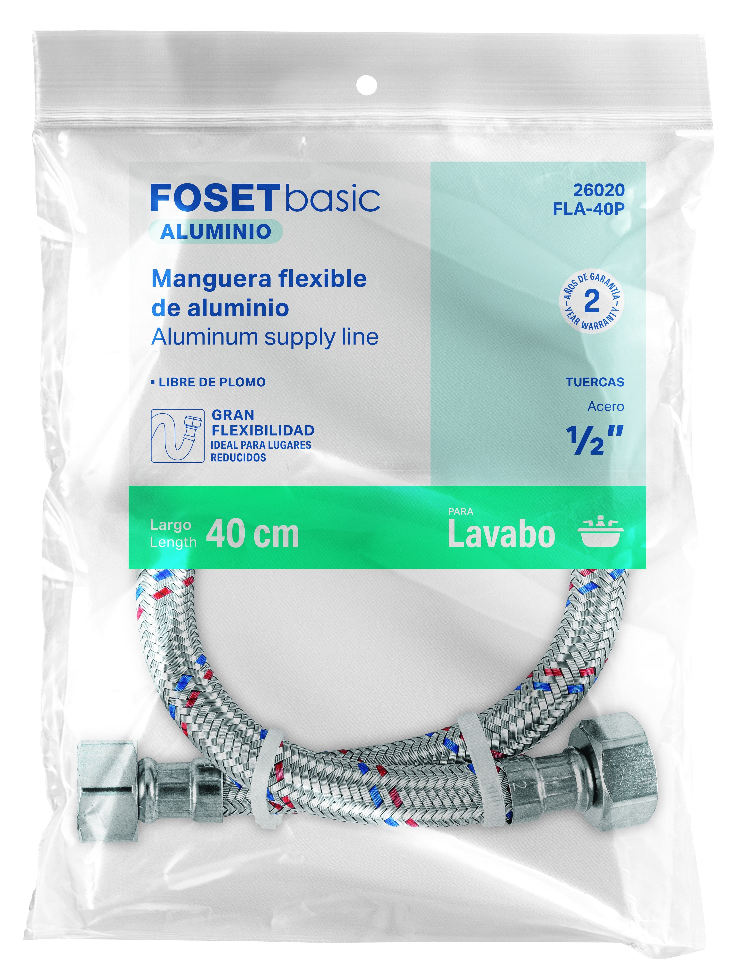 Manguera flexible para lavabo, 40 cm, aluminio, Foset basic
