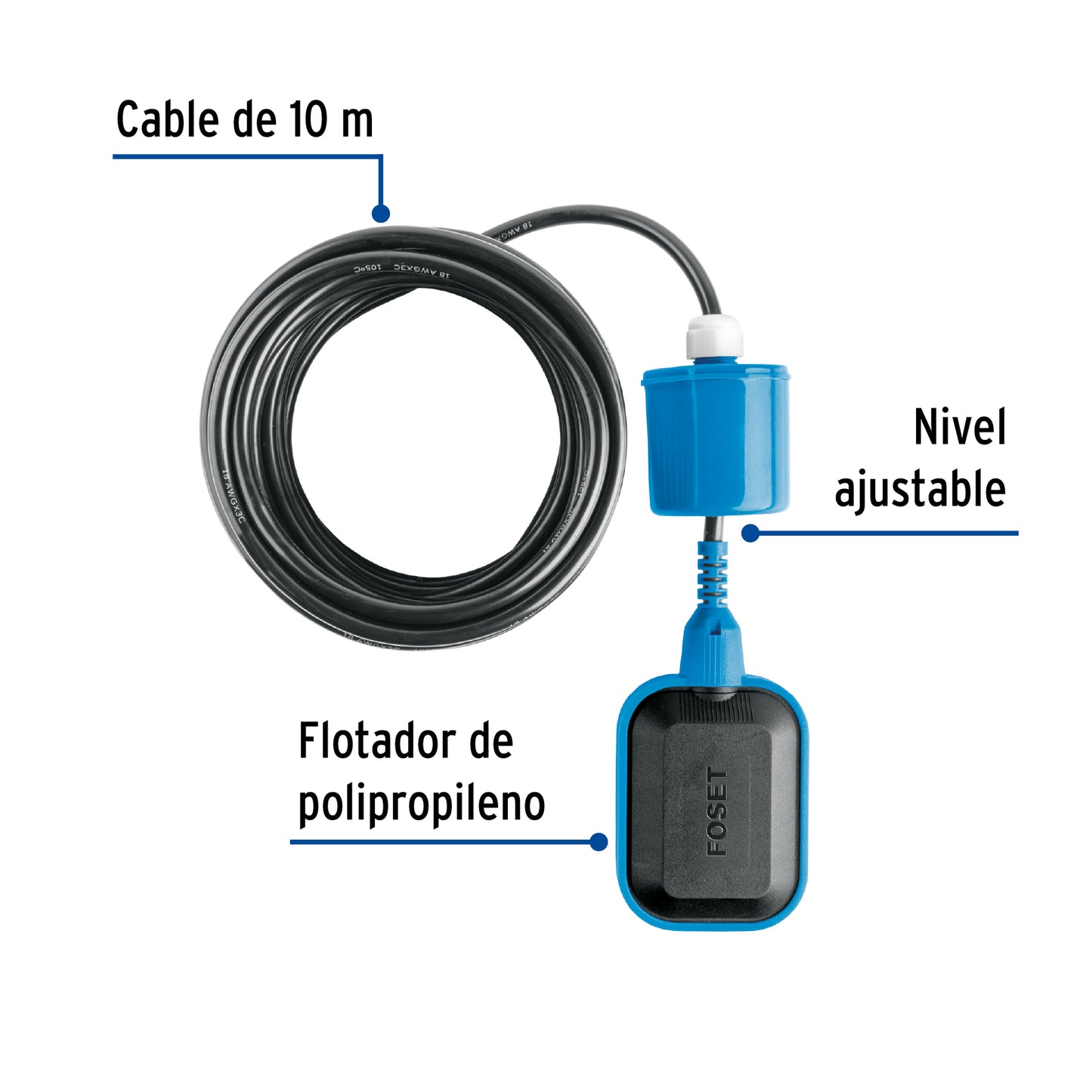 Flotador eléctrico con cable de 10 m, Foset