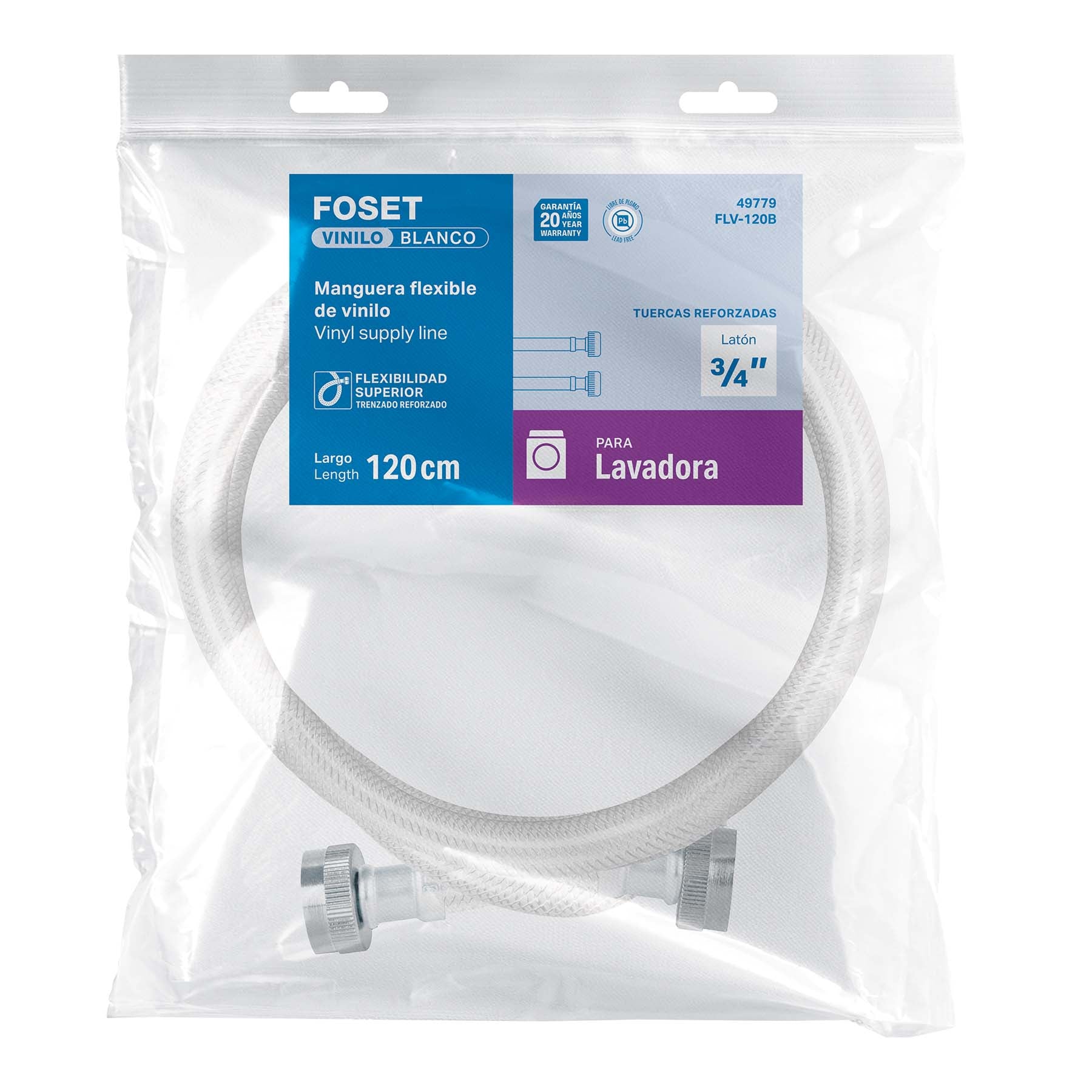 Manguera vinilo blanco 3/4" x 3/4"x 120 cm para lavadora