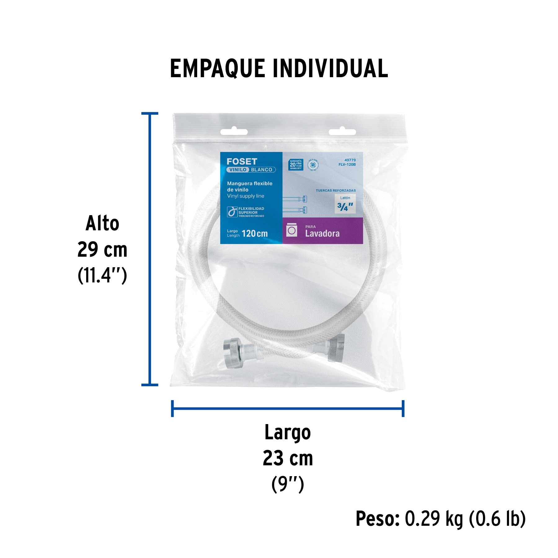 Manguera vinilo blanco 3/4" x 3/4"x 120 cm para lavadora