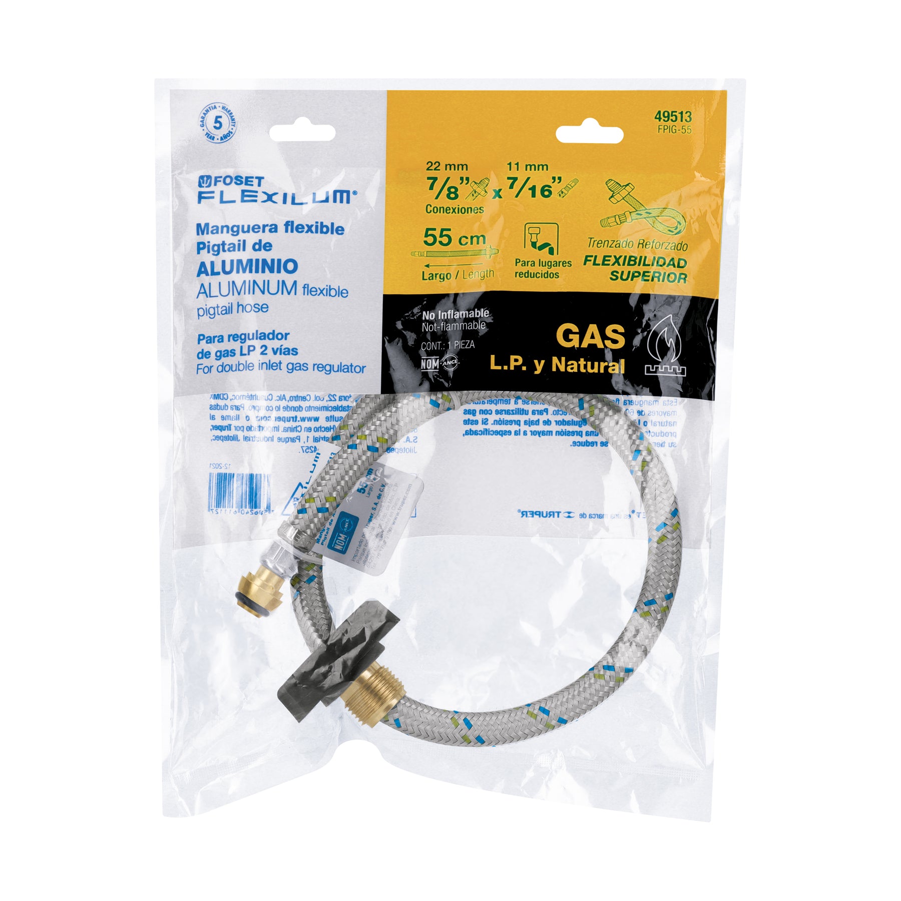 Manguera de hule, pigtail, 55 cm, aluminio, usos generales