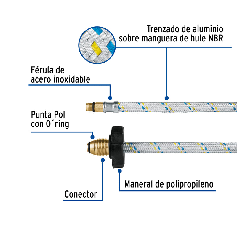 Manguera de hule, pigtail, 55 cm, aluminio, usos generales