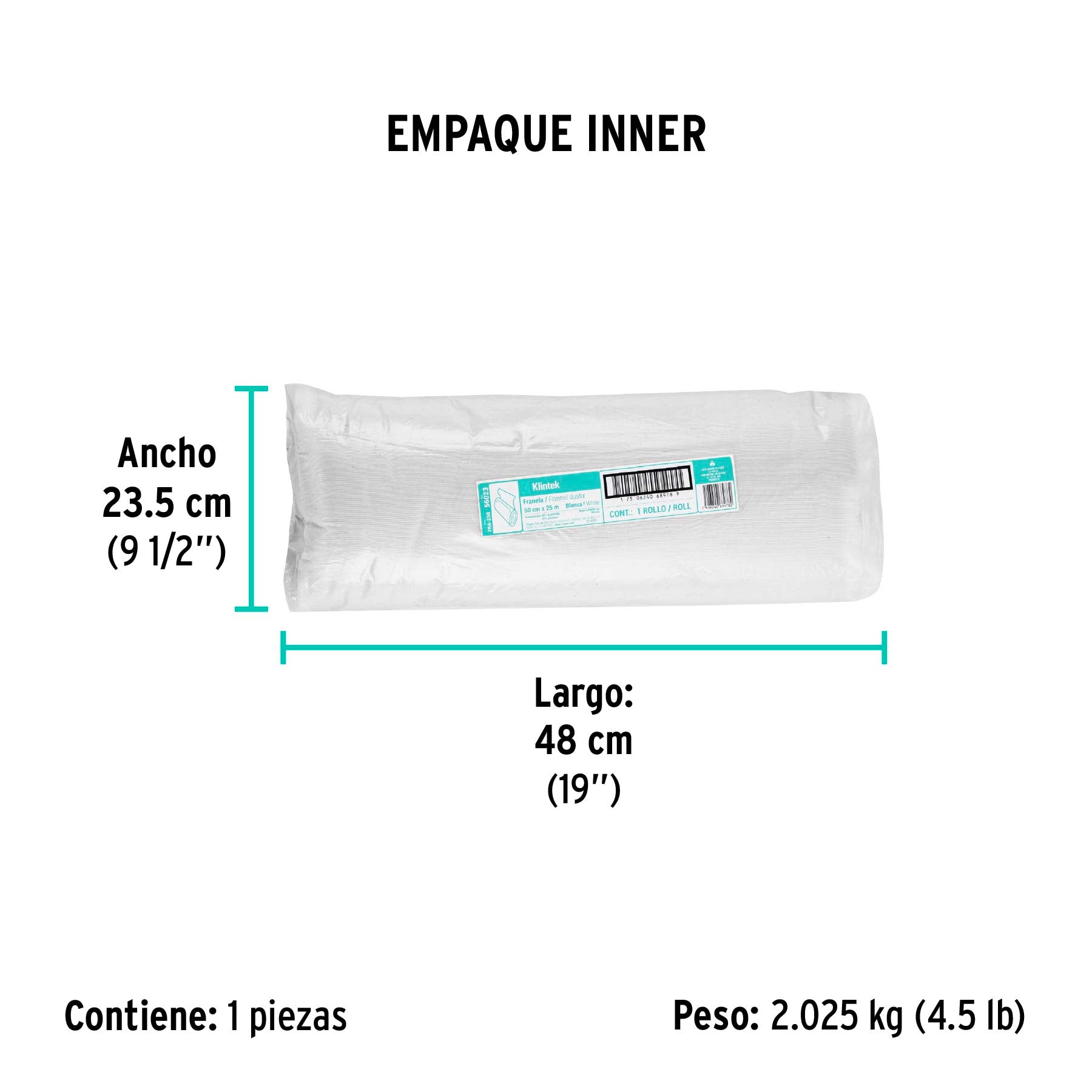 Franela blanca de algodón, rollo 25 m