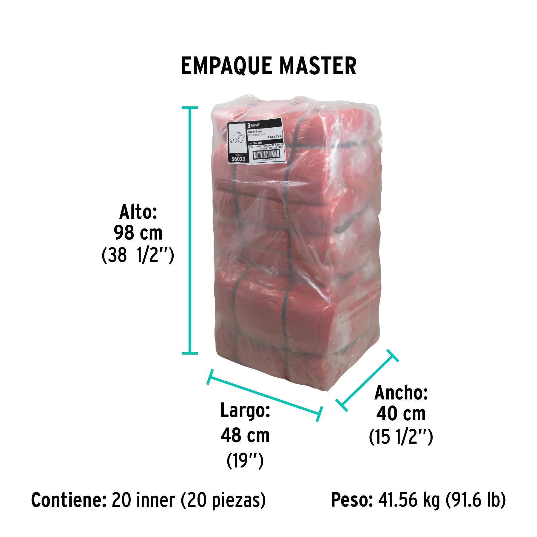 Franela roja de algodón, rollo 25 m