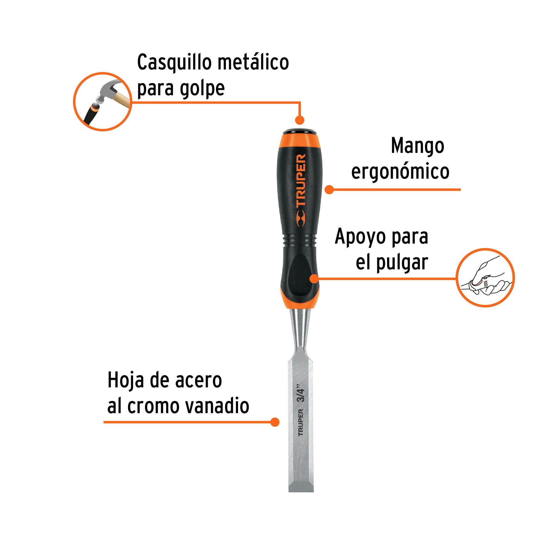 Formón, mango comfort grip, 3/4"