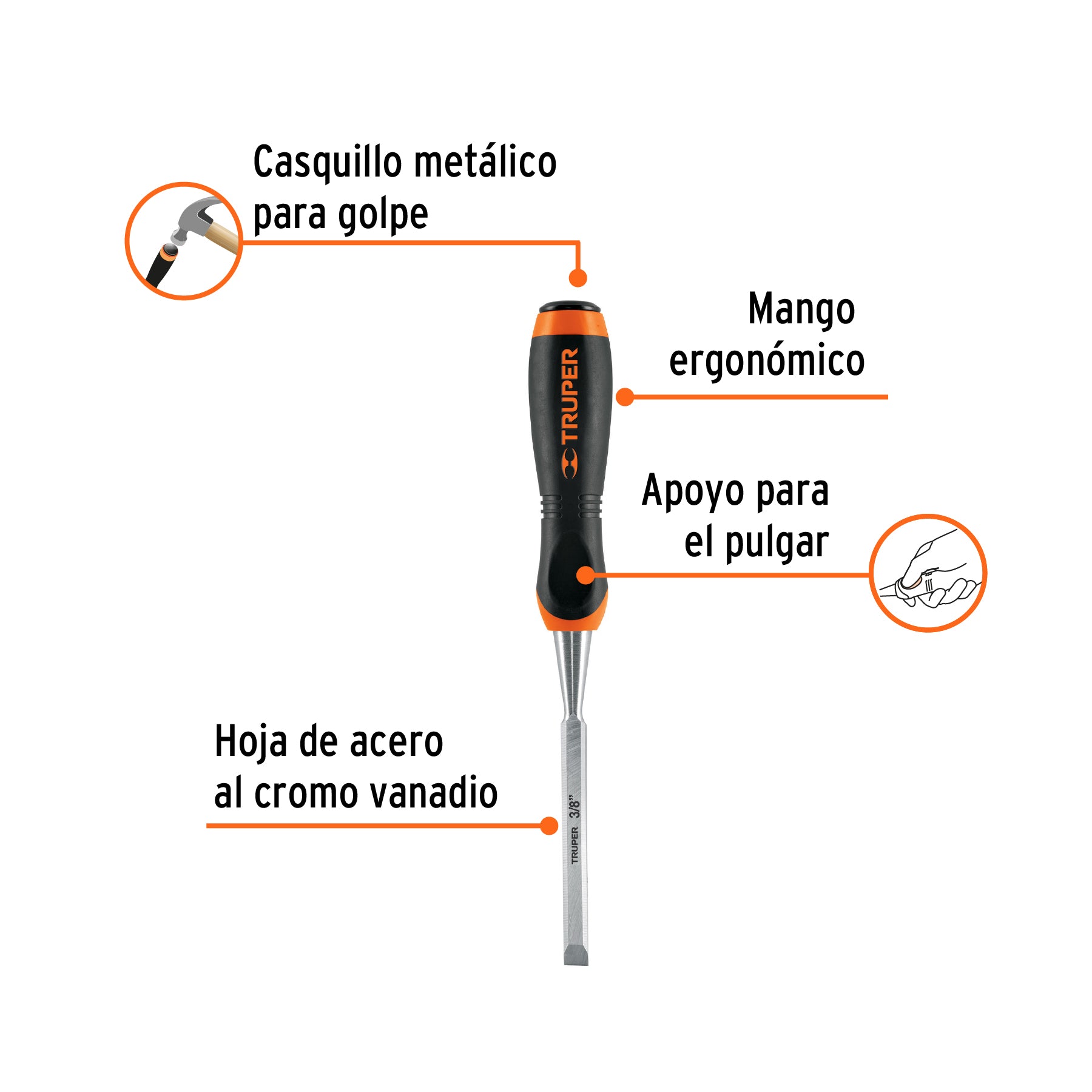 Formón, mango comfort grip, 3/8"