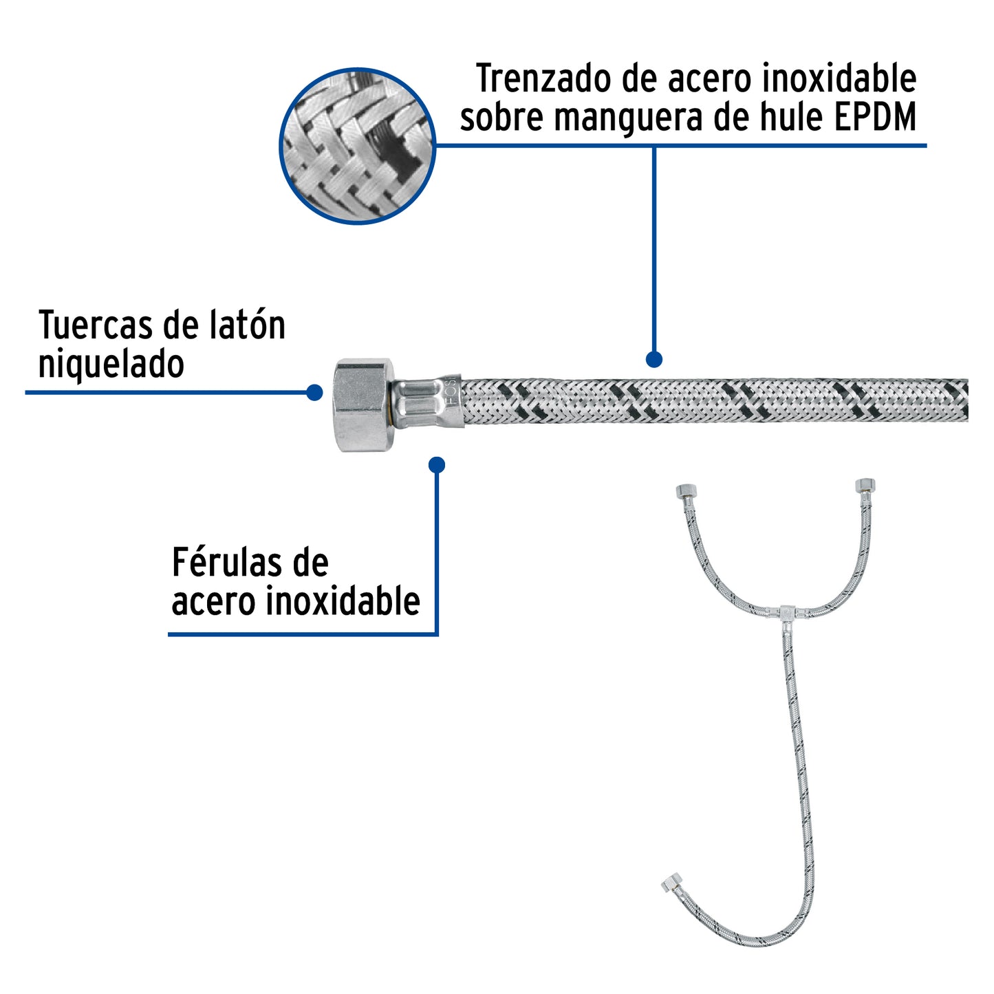 Manguera 'T' lavabo/fregadero,acero inox,3/8'x1/2'x1/2',55cm