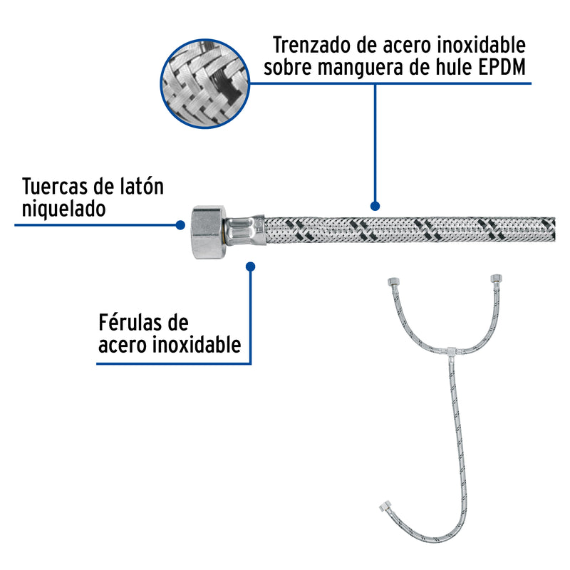 Manguera 'T' lavabo/fregadero,acero inox,3/8'x1/2'x1/2',55cm