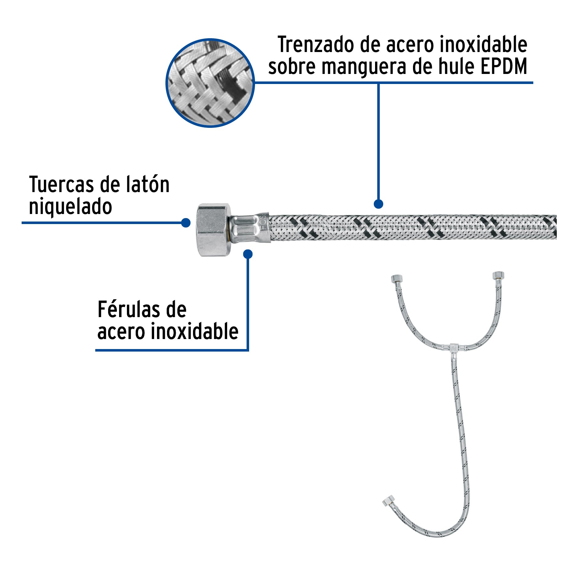 Manguera hule ,"T", 55 cm, acero inoxidable, usos generales