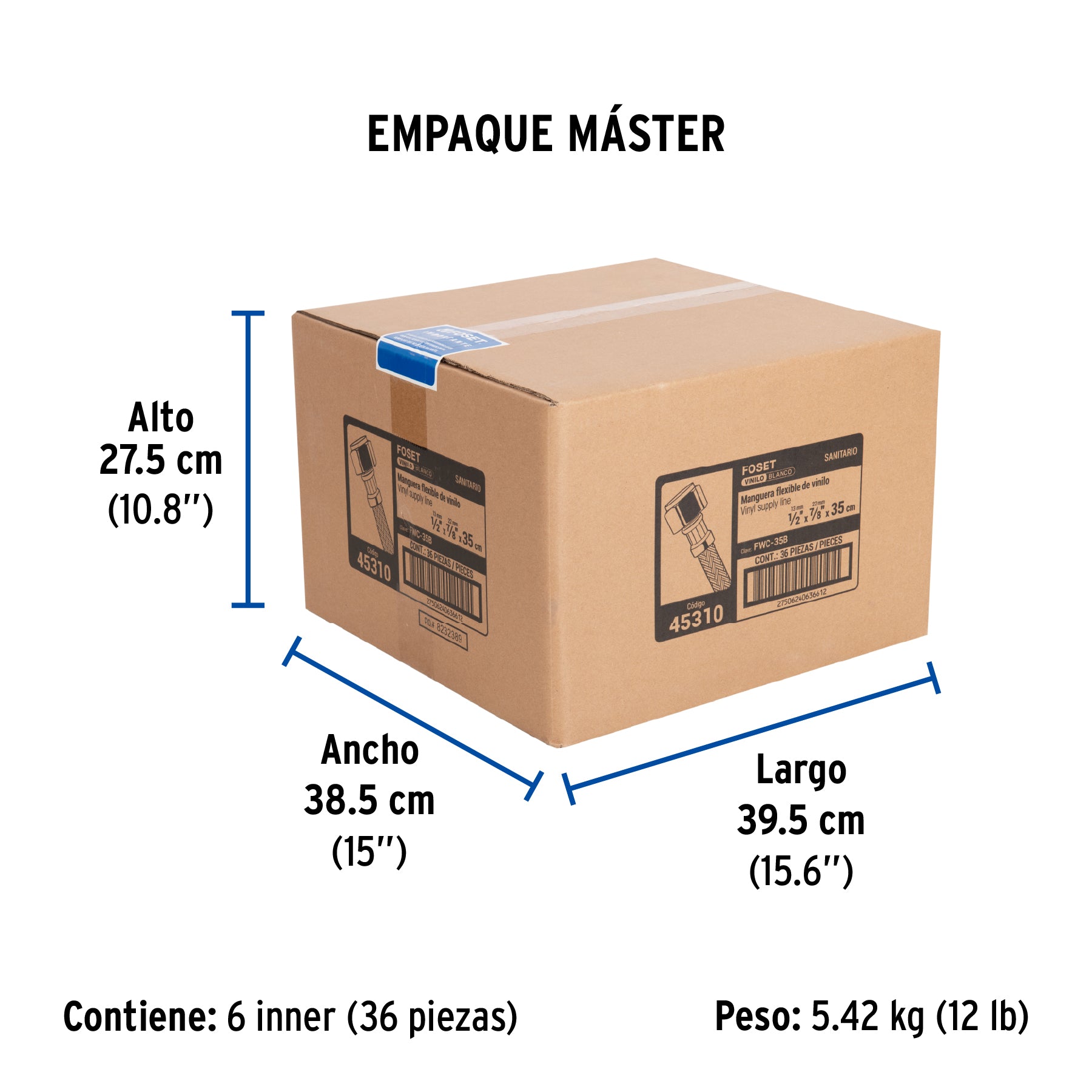 Manguera hule para WC, 35 cm, vinilo blanca, usos generales