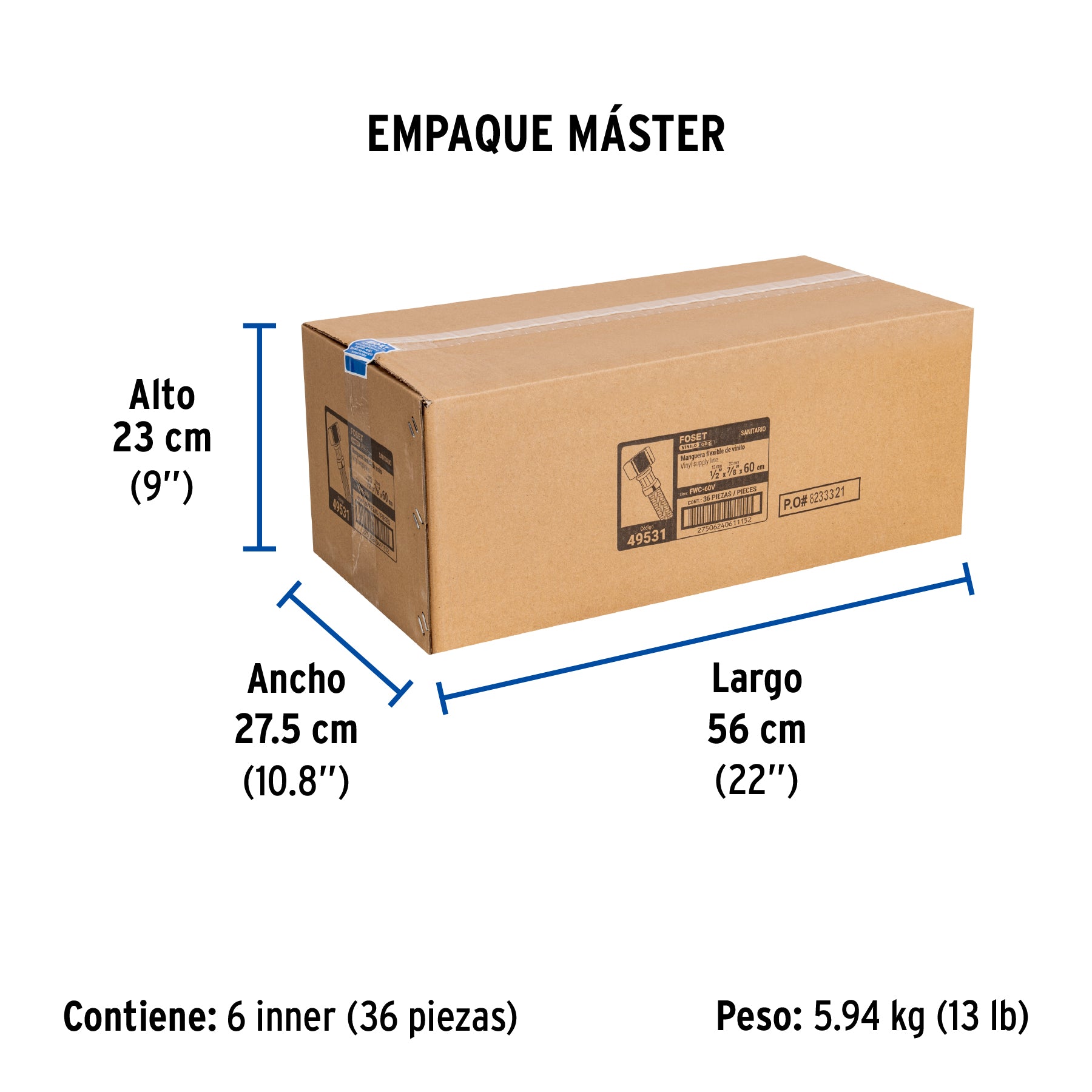 Manguera de hule para WC, 60 cm, vinilo, usos generales