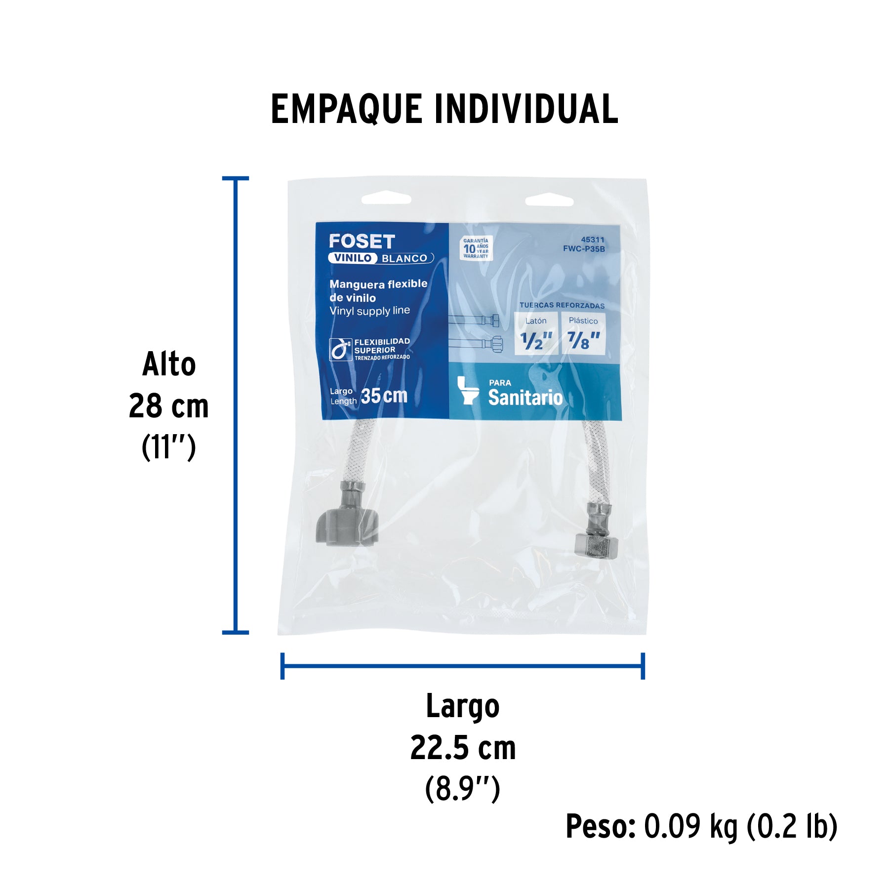 Manguera hule, 35cm,blanca,conector plástico, usos generales