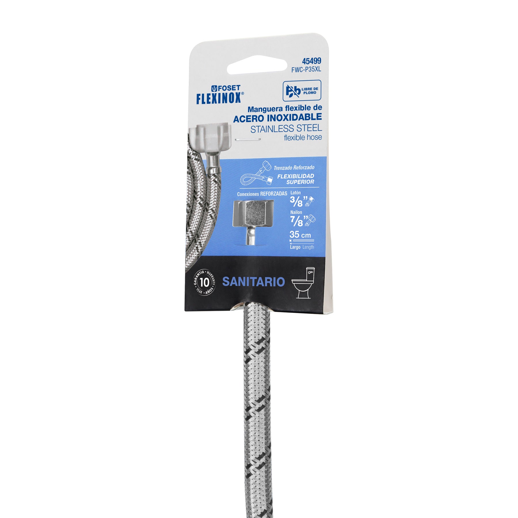 Manguera p/WC, acero inox, 3/8' x 7/8' tuerca plástica, 35cm