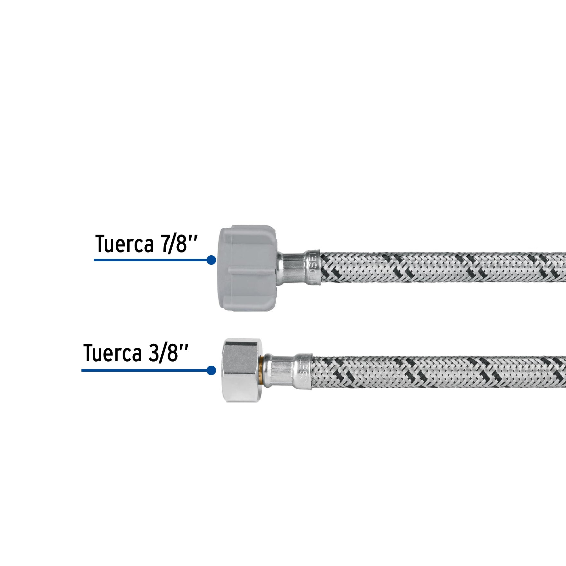 Manguera p/WC, acero inox, 3/8' x 7/8' tuerca plástica, 35cm