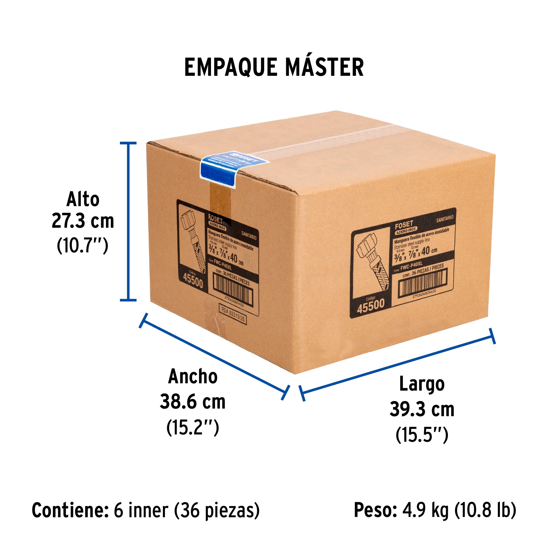 Manguera WC, acero inox, 3/8'x7/8', 40 cm, conector plástico