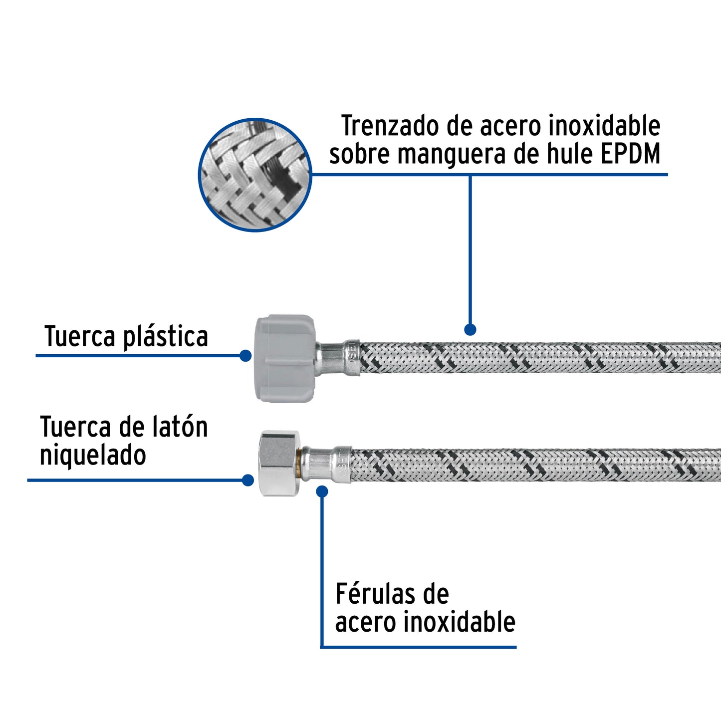Manguera p/WC, acero inox, 1/2'x7/8', 50 cm, plástico/latón