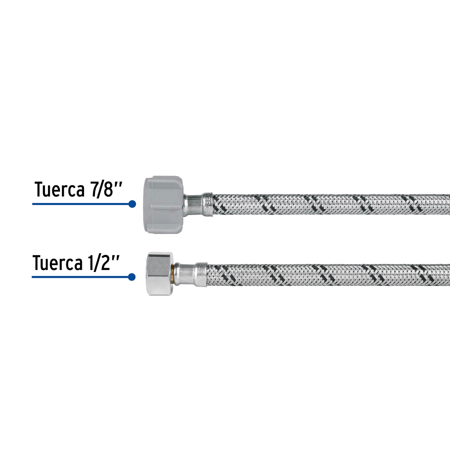 Manguera p/WC, acero inox, 1/2'x7/8', 50 cm, plástico/latón