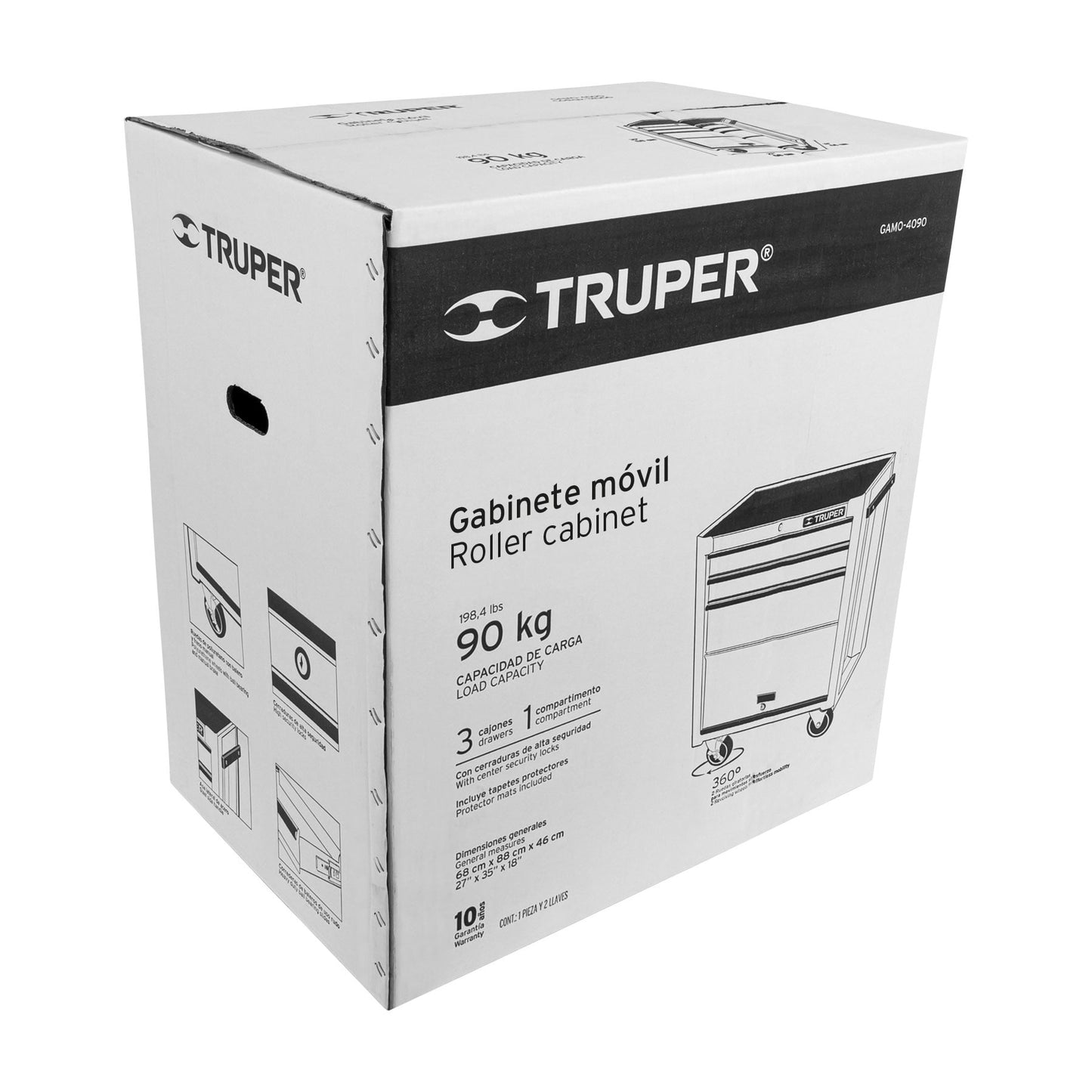 Gabinete metálico móvil, 4 cajones, capacidad 90 kg.
