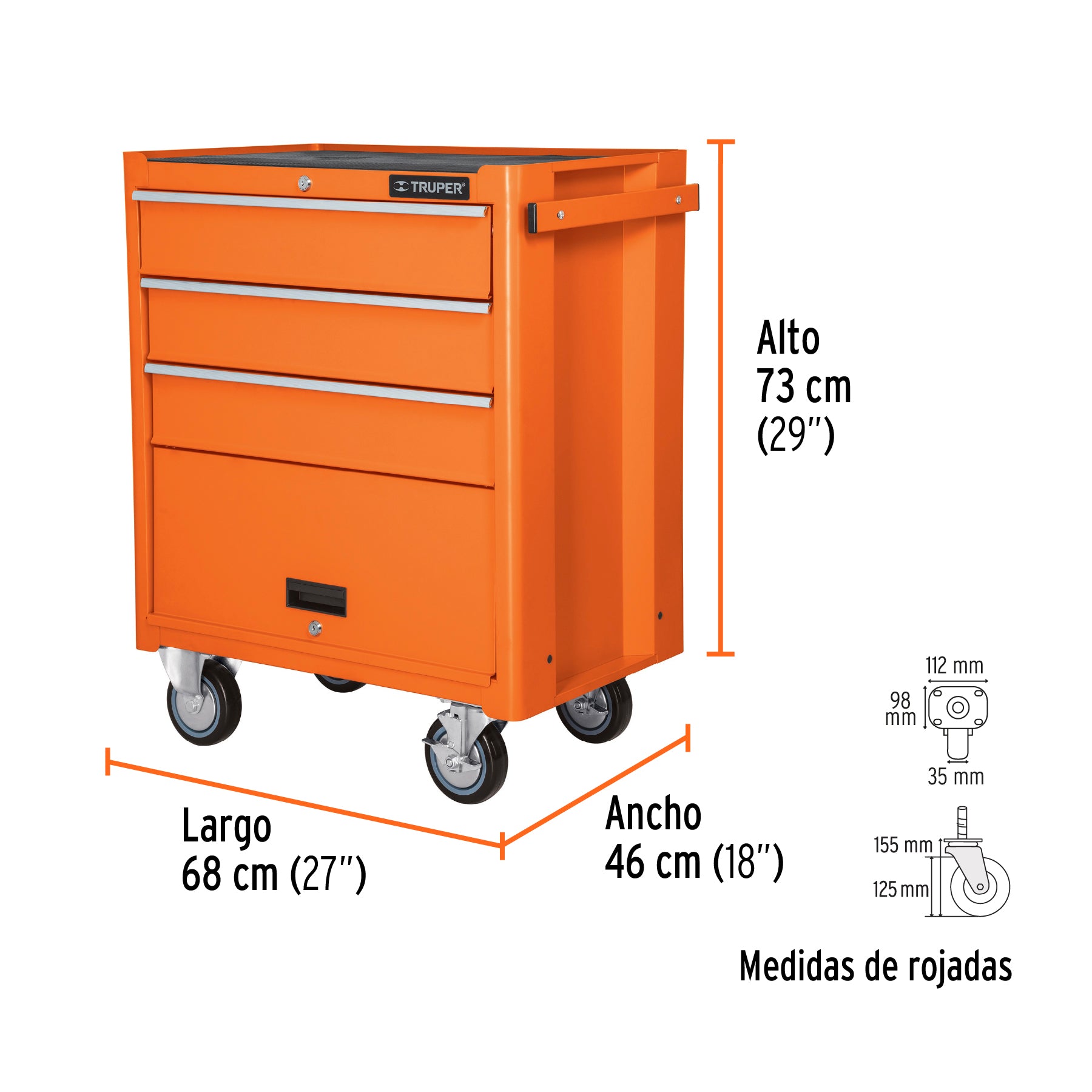 Gabinete metálico móvil, 4 cajones, capacidad 90 kg.