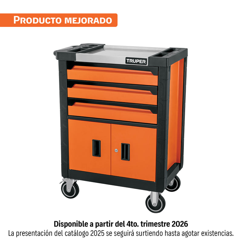 Gabinete metálico móvil, 4 cajones, capacidad 90 kg.
