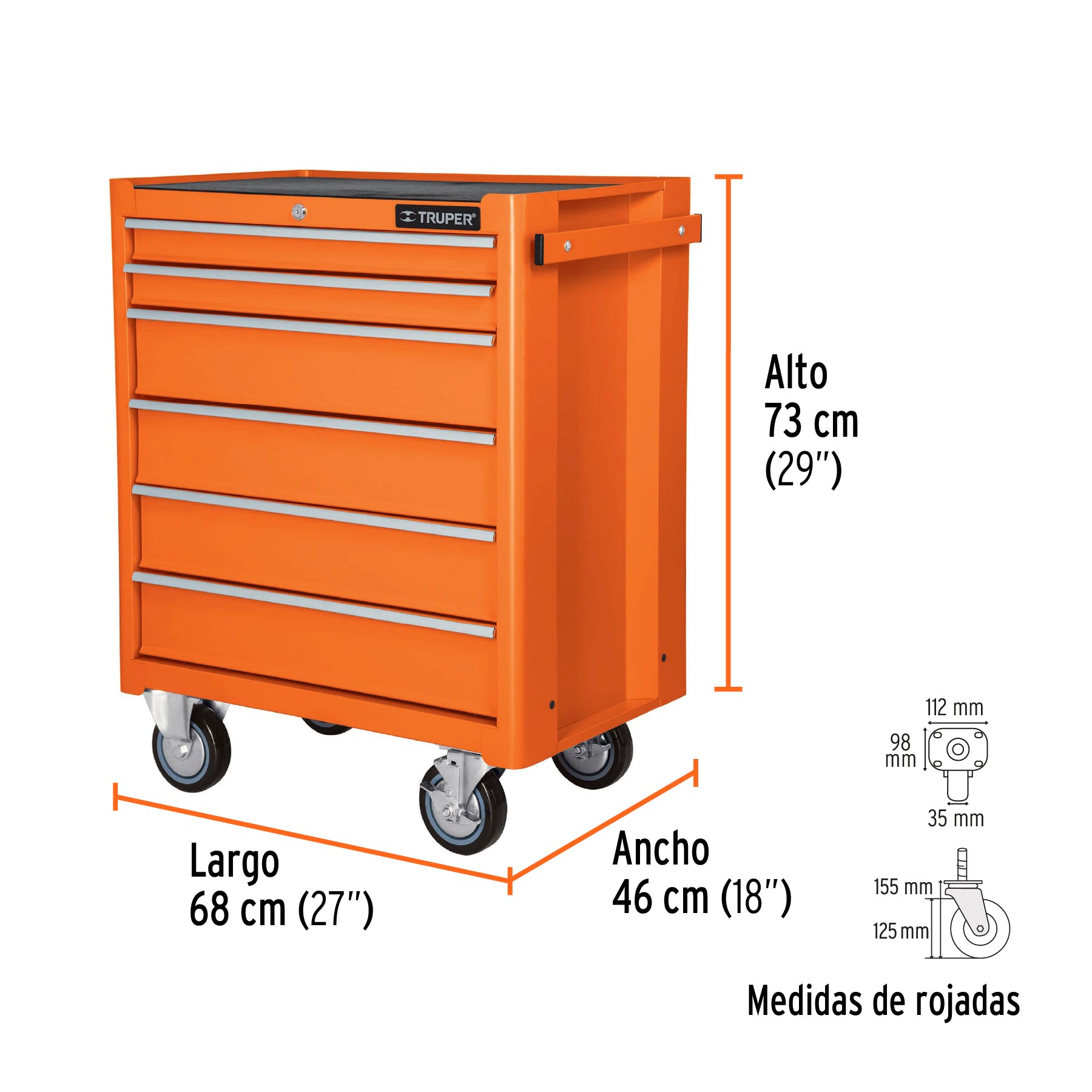 Gabinete metálico móvil, 6 cajones, capacidad 130 kg.